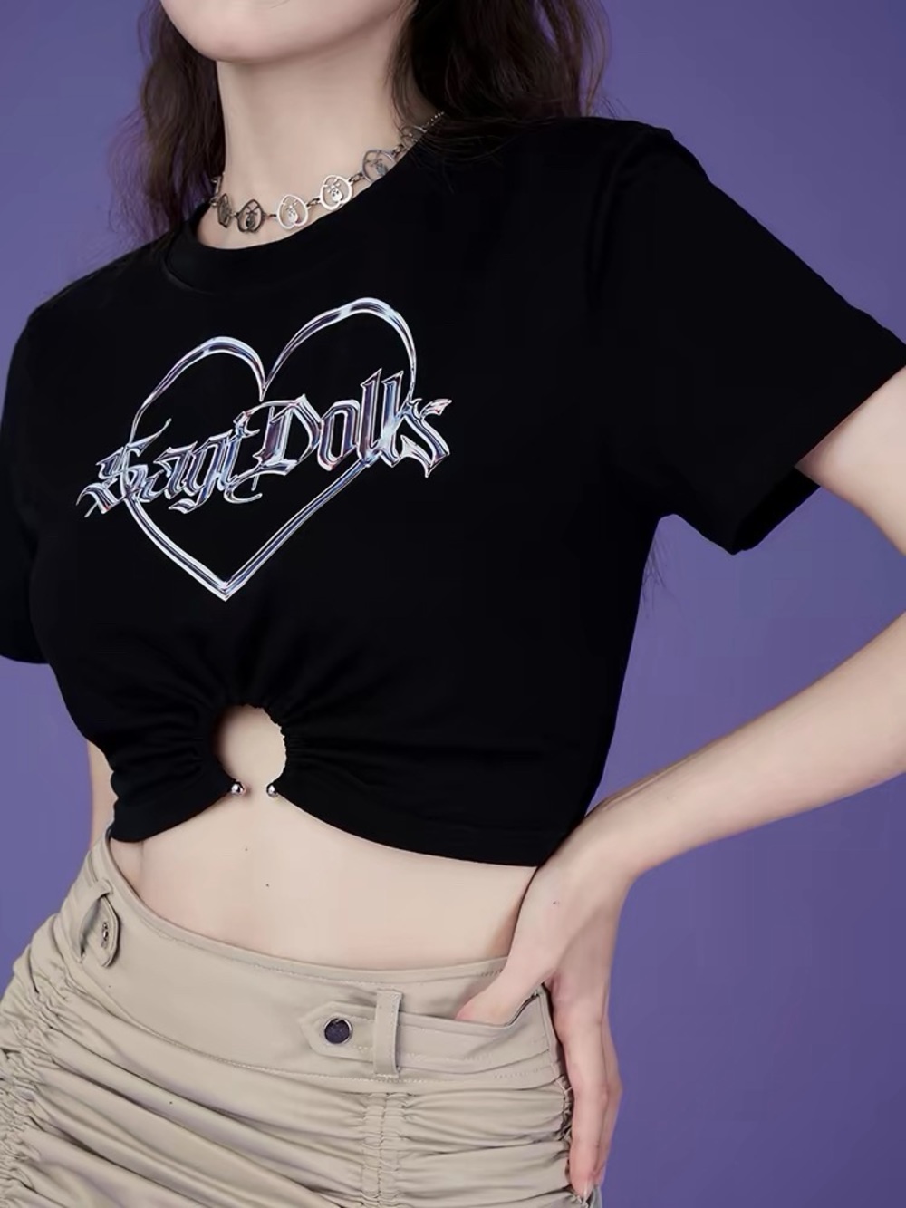 Black Gothic Heart Graphic Crop Top, Sagt Dolls Y2K Ring-Hem Tee